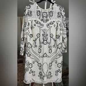 EUC Shail K Beaded 3/4 Sleeve Black/White Dress One of a Kind Lined Stunning!